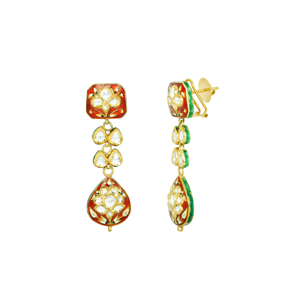 Polki Teardrop Earrings with Red Enamel